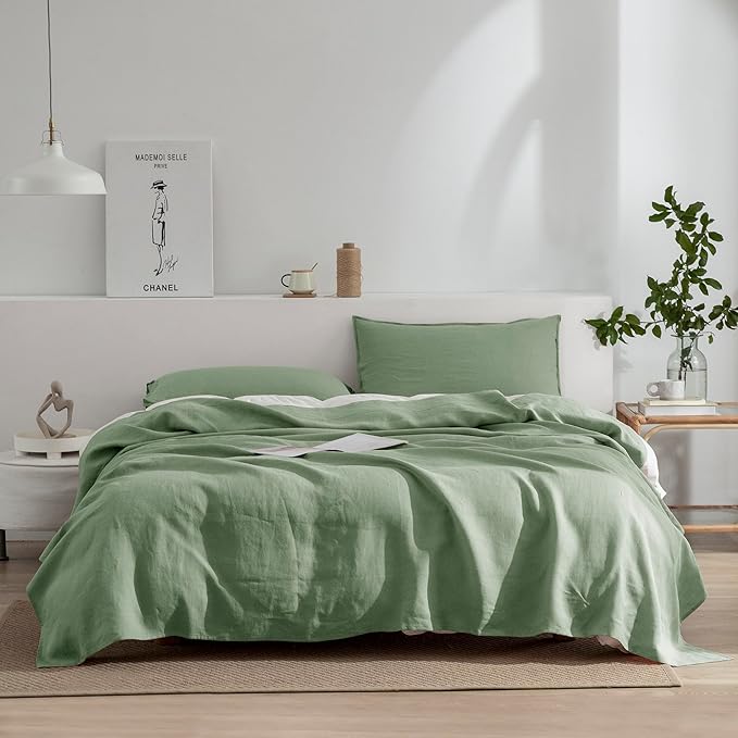 EVERLY Linen Sheets Set California King Size,100% French Stonewash Linen Sheets Set,4Pieces (1Flat Sheet,1Fitted Sheet,2Pillowcase) Suitable for Hot Sleepers Deep Pocket Natural Bedding Set-Saga Green
