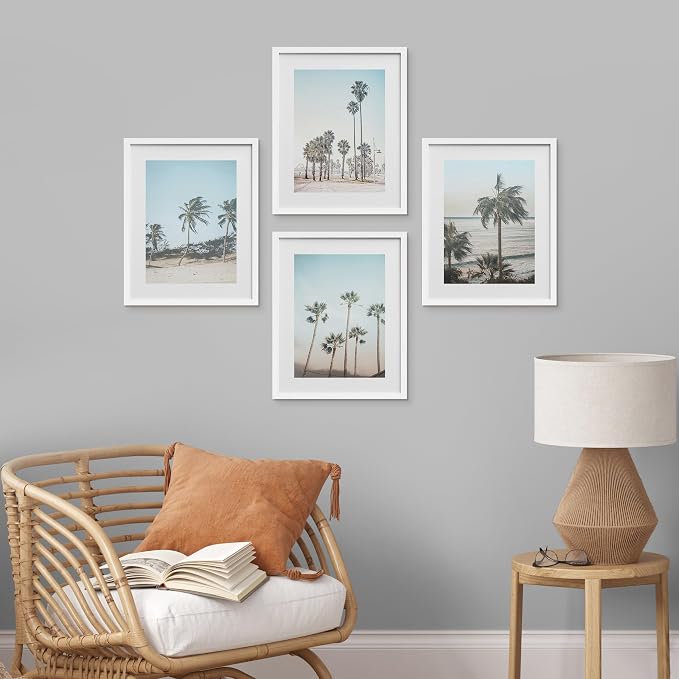 SIGNWIN Framed Washed Out Tropical Island Wall Art, Set of 4 Island Palm Tree Beach Landscapet Wall Decor Prints, Nature Wilderness Wall Décor for Living Room, Bedroom - 12"x16" White