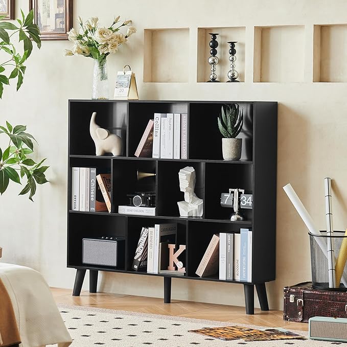 LEYAOYAO 10 Cube Bookshelf,3 Tier Modern Wide Bookcase with Legs,Mid-Century Wood Bookshelves Storage，Black Large Book Case,Freestanding Organizer Display Shelf for Bedroom,Living Room,Office