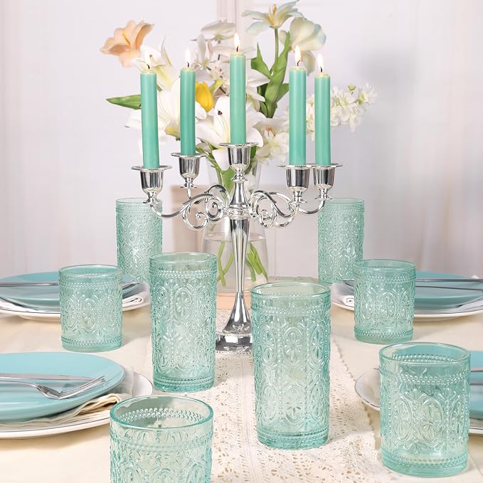 abrwyy Green Drinking Glasses Set of 4, Vintage Drinking Glasses, Colored Glassware Drinking, Highball Beverage Glasses Cup, Vintage Glassware Set for Water, Juice, Cocktail, Coffee