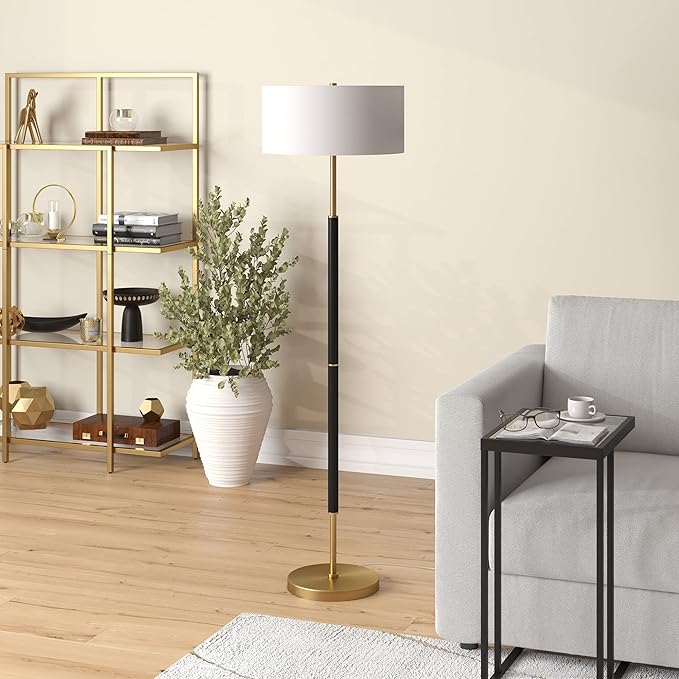 Henn&Hart 2-Light Floor Lamp with Fabric Shade in Matte Black/Brass/White, Floor Lamp for Home Office, Bedroom, Living Room, 61" Tall