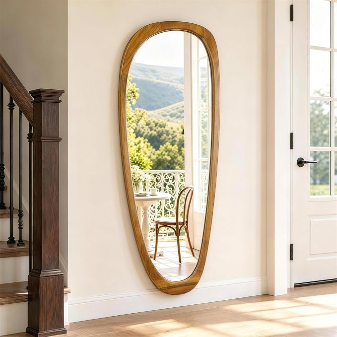 48" x 22" Asymmetrical Wall Mirror with Brown Wood Frame, Irregular Decorative Mirror for Living Room Entryway Bedroom, Large Wall Mirror, HD Tempered Glass, Horizontal or Vertical Hanging