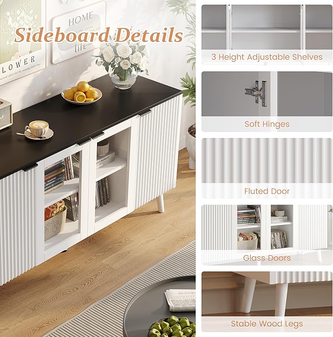JASIWAY Buffet Cabinet with Storage 55" Fluted Sideboard with Glass Door Modern Coffee Bar Table Accent Credenza Cabinet for Dining Room, Kitchen, Living Room, Hallway, White and Black