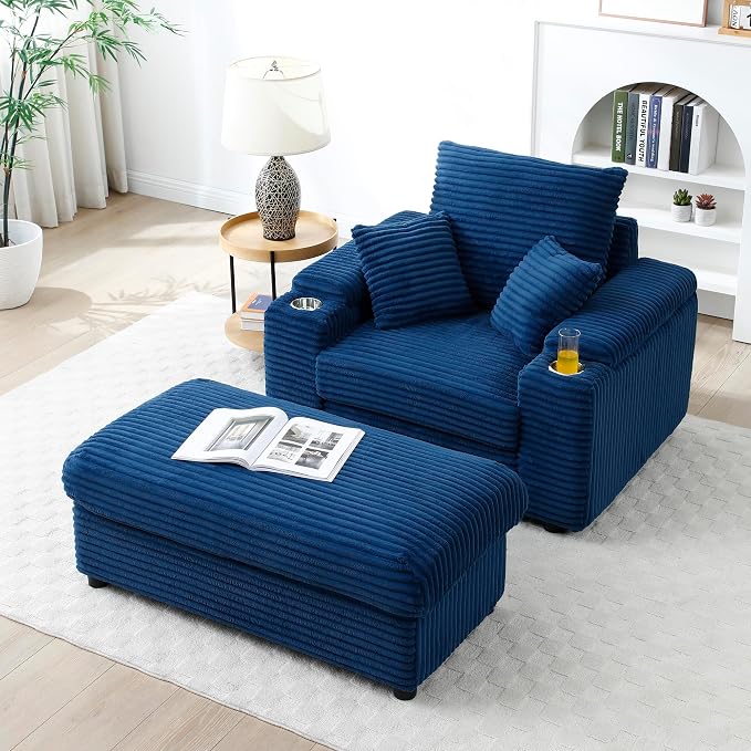 Eafurn 43.3" Oversized Accent Chair with Storage Ottoman Convertible Chaise Lounge, Corduroy Cloud Sofa Chair w/Cupholders, Modern Extra Wide Armchair