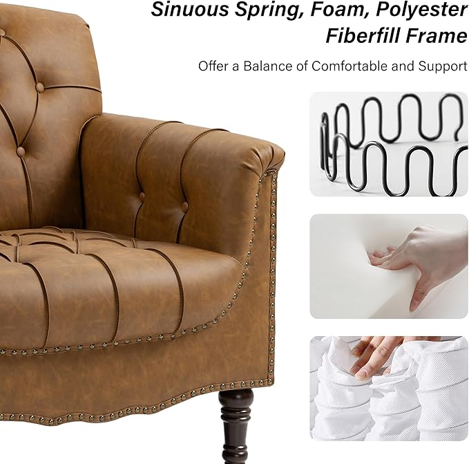 Faux Leather Accent Chair, PU Leather Modern Comfy Upholstered Armchair with Wood Legs & Nailhead Trim for Living Room, Bedroom (Camel,Set of 2)