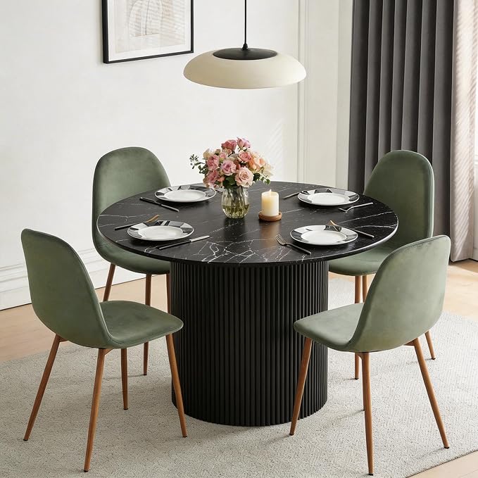Dining Table Set for 4, Mid Century Modern 47 Inch Black Marble-Look Wooden Round Dining Table Set, Space Saving (Table + 4 Green Chairs)