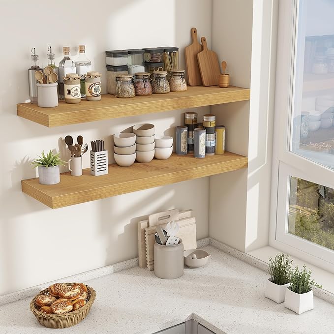 Fun Memories 48 Inch Floating Shelves for Wall - 12 Inch Deep Fireplace Mantel Shelf - Wood Floating Shelf for Wall - Large Storage Shelves Wall Mount for Living Room & Bedroom - Oak - Set of 2
