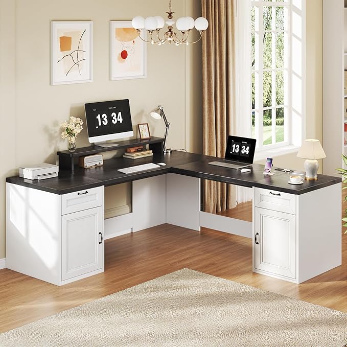 HUAHUU 78" Farmhouse L Shaped Executive Desk with Drawers, Modern Computer Desk with Power Outlets, Office Writing Desk with Monitor Stand & Storage Cabinet, Printer Shelf, Antique White