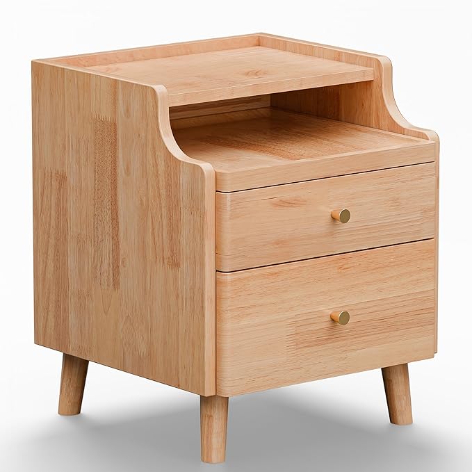 Nightstand with Drawers, Pre-Assembled, 19.7" H Natural Solid Wood Night Stand with Open Sliding Shelf, Mid Century Modern Small Bedside Table Cabinet for Bedroom, End Side Table, Natural Oak
