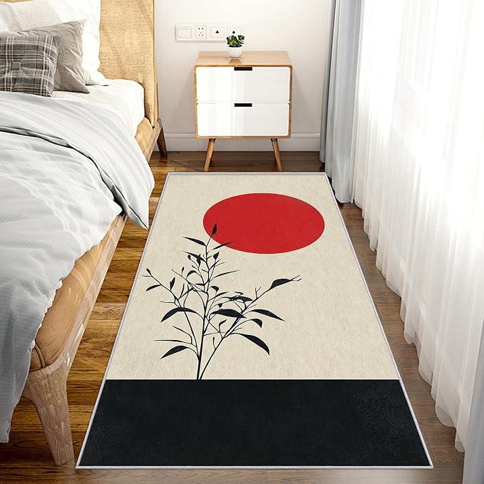 Japanese Runner Rug 3x7, Black and Grey Red Sun Design, Zen Asian Area Rug, Washable Carpet Runner for Bedroom, Standard Hallways, Kitchen Walkway, Dining Room Sideboard
