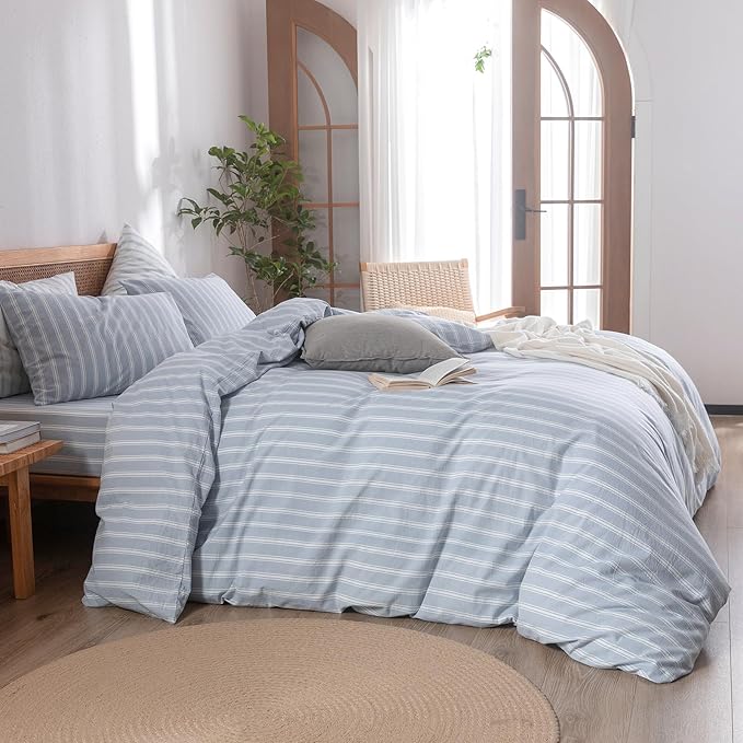 BESTOUCH Duvet Cover Set 100% Washed Cotton Linen Feel Super Soft Comfortable Chic Lightweight 3 PCs Home Bedding Set Cornflower Blue & White Stripes King