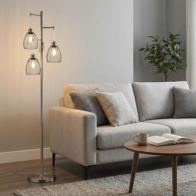 Torondo Dimmable Industrial Floor Lamps for Living Room, Gray Tree Standing Tall Lamps with 3 Elegant Teardrop Cage Head & 800 Lumens LED Bulbs for Bedroom Office