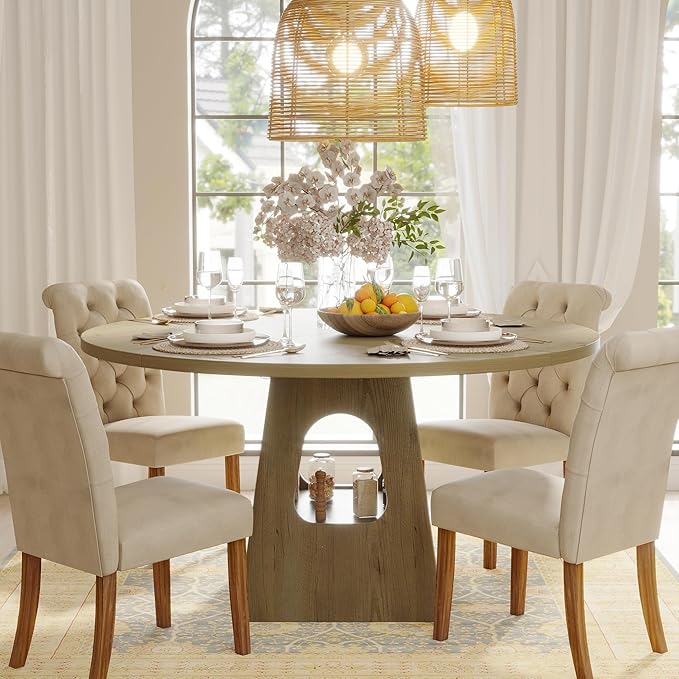 KEIKI 47" Round Dining Table for 4-6, Mid Century Modern Kitchen Table with Storage Base, Wooden Corner Dinner Desk for Living Room Breakfast Nook Restaurant, Easy Assembly, Natural