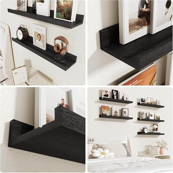 Vivelove Floating Shelves Wall Mounted Set of 2, Modern Black Wall Shelves for Storage with Lip, Display Picture Ledge Shelf for Bedroom Kitchen Bathroom Living Room Nursery Display