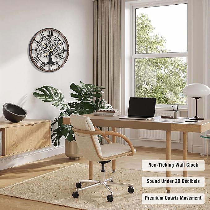Micasso Farmhouse Large Wall Clock: 24Inch Rustic Tree of Life Metal with Wood Frame - Vintage Battery Operated Wall Clocks for Living Room/Office/Bedroom - Home Decor for Fashion-Conscious