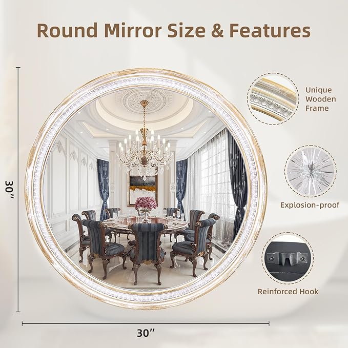 Farmhouse Round Wood Mirror 30 Inch, Rustic Boho Circle Decorative Mirrors for Bathroom, Living Room, Entryway, Bedroom, Hallway