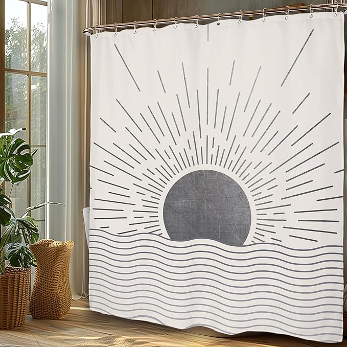 Miyotaa Gray Sun Minimalist Shower Curtain Set 60Wx71H Inches Mid Century Sunrise Sunset Vintage Aesthetic Retro Polyester Waterproof Cloth Bathroom Curtain with 12 Hooks