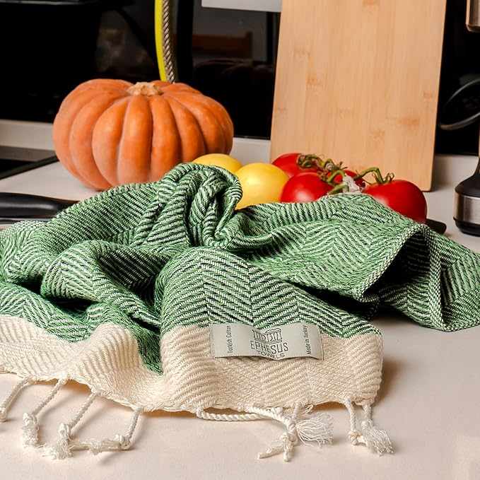 Hand Towels - Set of 2 | 18" x 30" - Decorative Turkish Hand Towel for Bathroom, Kitchen, Guest, Face, Hair, Tea, Dishcloth (Herringbone, Apple Green)