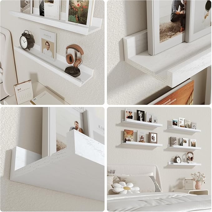 24 Inches Long Floating Shelves Wall Mounted, Picture Ledge Shelf for Wall Decor Living Room Bathroom Kitchen,2 Set Rustic White Wall Shelf for Bedroom, Nursery Book Shelf with Lip