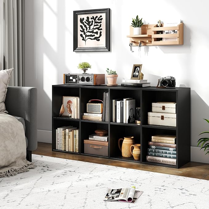 Tangkula 8-Cube Bookcase, Large Floor Standing Horizontal Bookshelf with 8 Open Shelves & 2 Anti-Tipping Kits, Home Office Wooden Storage Book Shelf for Living Room, Study (Black, 8-Cube)