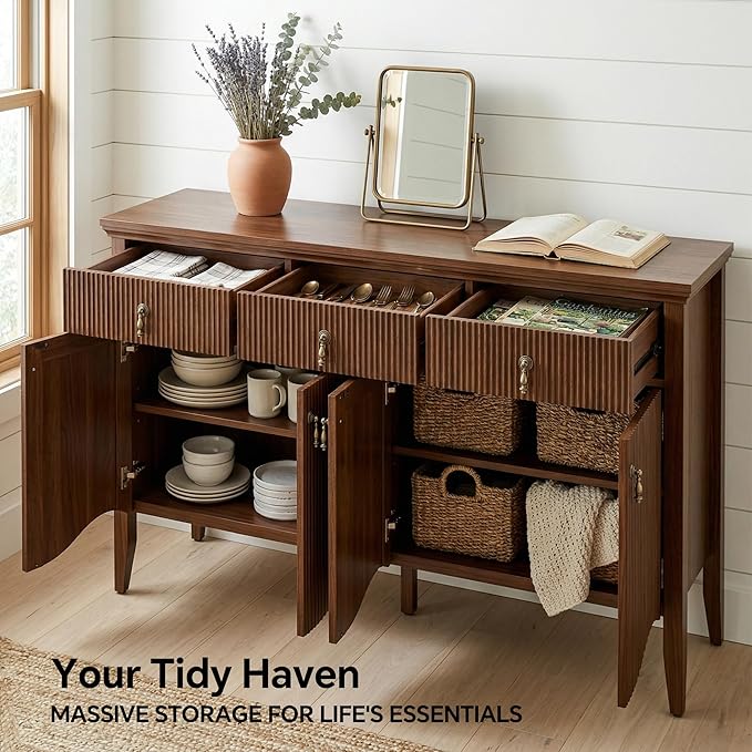 FUSUNBAO 57-Inch Sideboard Buffet Cabinet with 3 Drawers and 4 Doors, Vintage Fluted Sideboard with Scalloped Base, Vintage Storage Cabinet for Dining Room, Organic Modern Accent Cabinet, Walnut