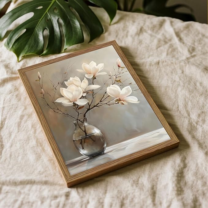 Framed Flower Canvas Wall Art, White Magnolia Branch in Vase Poster Prints, Elegant Nature Still Life Botanical Artwork, Modern Minimalist Wall Decor for Living Room Bedroom Bathroom 12x16in