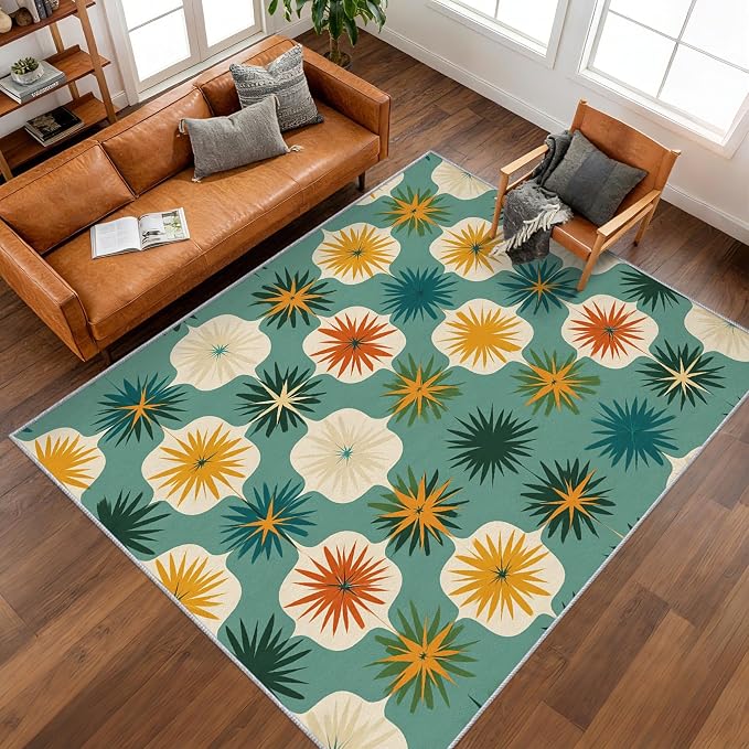 Mid Century Modern Rugs for Living Room Decor, 5x6 ft, Retro Geometric Flower Area Rugs for Bedroom, Soft Non Slip Washable 70s MCM Atomic Carpet Home Decorations D-g48