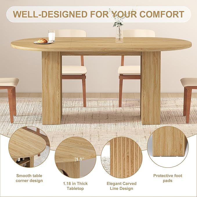 70.8" Oval Dining Table with Dual Side Storage Shelves, Wooden Table for 4–6 People, Modern Farmhouse Round Dinner Tables for Kitchen Living Room (Natural, Table Only)