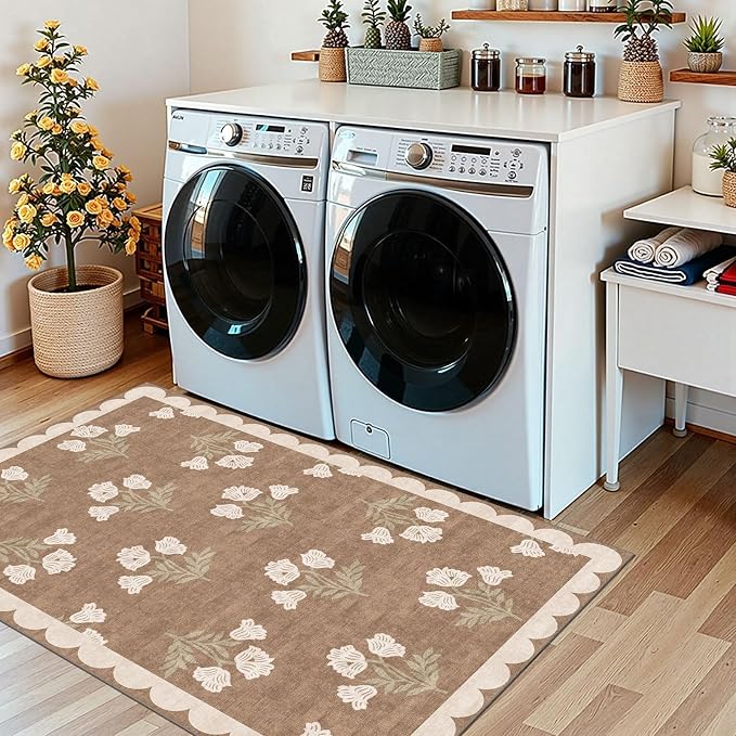 3x5 Floral Entry Rug - Small Washable Indoor Outdoor Mats for Front Door Non-Slip Porch Rug Tan Boho Neutral Farmhouse Throw Rugs for Living Room Bedroom Entryway Kitchen Office Porch Decor