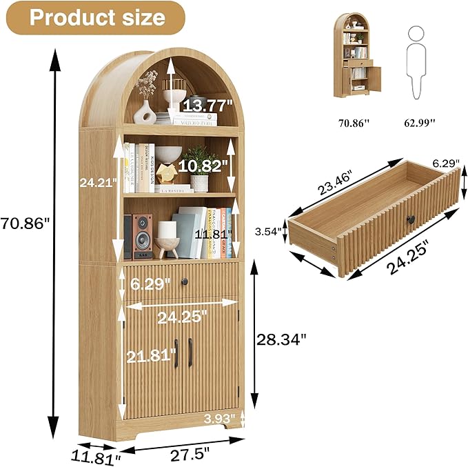 Farmhouse Arched Bookshelf, Mid-Century Modern 5-Tier Curved Cabinet with Door, Wooden Bathroom Storage Cabinet, Kitchen Pantry Cabinet for Living Room, Kitchen，Home Office, Natural