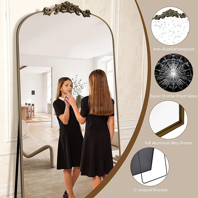 Antok Arched Full Length Mirror, 82"x44" Floor Mirror with Carved, Full Body Mirrors for HomeDecor, Standing/Halling Large Wall Mirror for Bedroom, Living Room, Cloakroom, Bronze, Retro Style