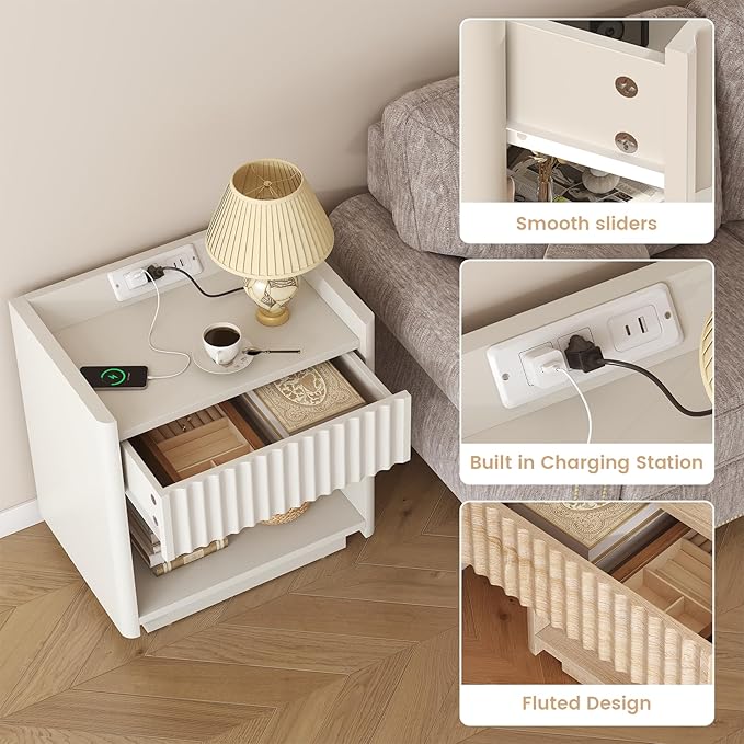 Bigbiglife Fluted Nightstand with Charging Station, 22" Modern Side Table with Drawer End Table with Open Storage, Bedside Table for Bedroom, Living Room, Natural Oak (1, Off White)