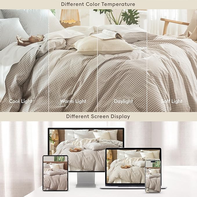 MooMee Gingham Duvet Cover Set 100% Washed Cotton Linen Like Textured Breathable Durable Soft Comfy Modern Checkered Design (Mini Gingham Tannish Linen Grey, Oversized Full 82"x86")