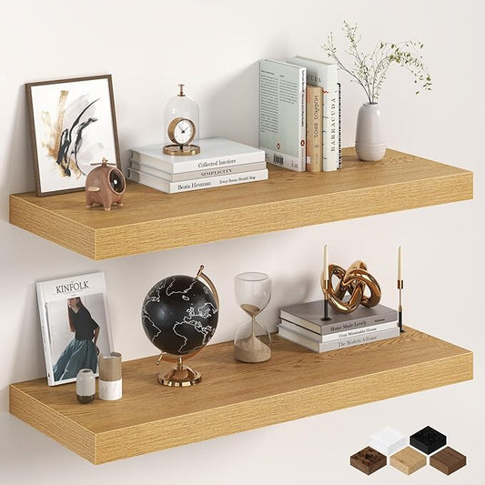 36Inch Oak Floating Shelves for Wall, 12 Inch Deep Shelves for Bedroom, Kitchen, Bathroom Wall Mounted, Rustic Wood Floating Shelf with Invisible Brackets for Books, Storage, Decor, 2 Packs