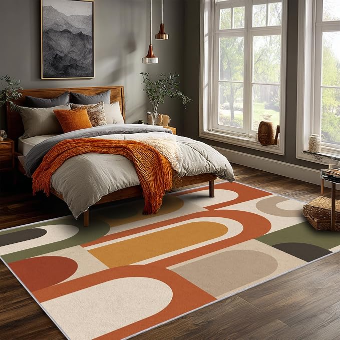Mid Century Arch Area Rug 2x3, Terracotta Geometric Abstract Rug, Retro Modern Color Block Washable Low Pile Non Slip Rug for Living Room Bedroom