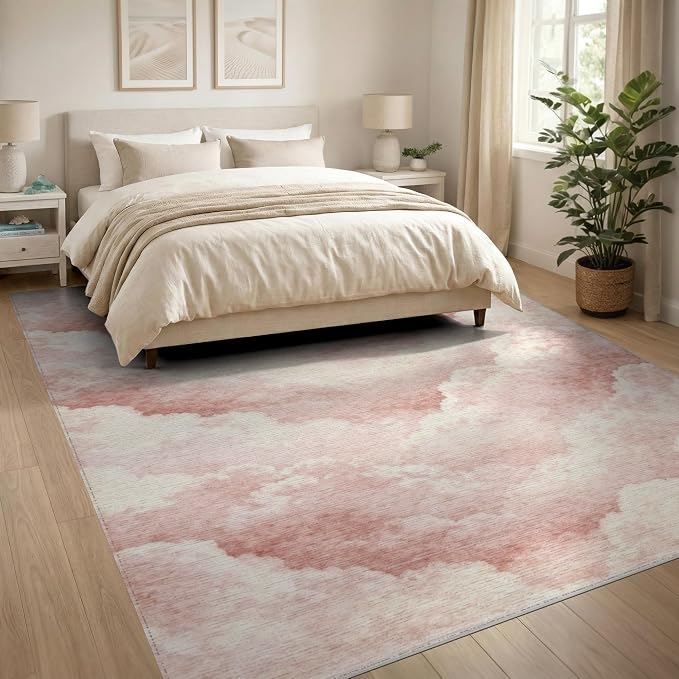 8'x10' Washable Watercolor Cloud Area Rug, Blush Pink Foldable Oversized Carpet Non-Slip Flatwoven Floor Covering for Living Room, Under Sectional, Family Room | Ref:2208259