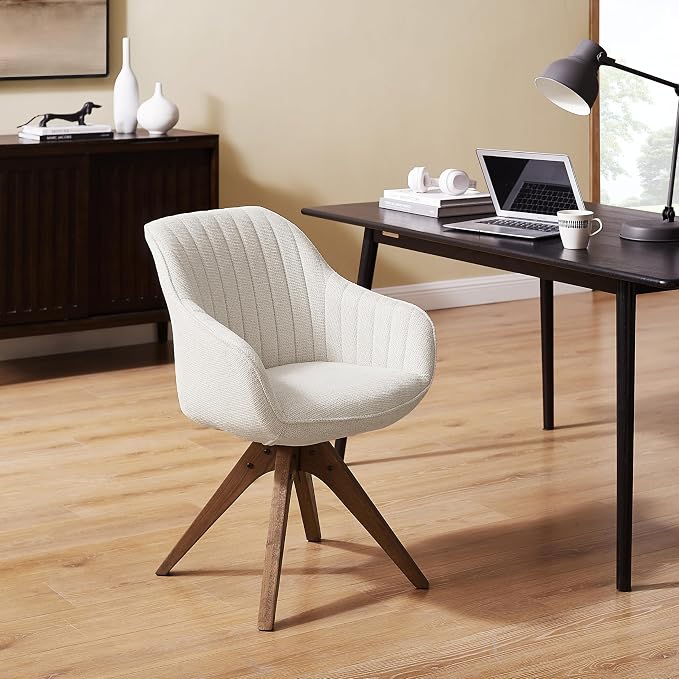 Art Leon Desk Chair No Wheels, Mid Century Modern Office Chair, Swivel Accent Chair with Oak Wood Legs, Fabric Upholstered Arm Chair, Ivory