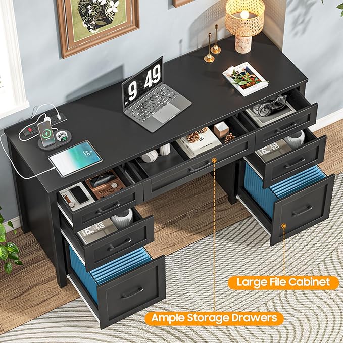 Farmhouse 61'' Executive Desk with 5 Drawers, Rustic Office Desk Computer Desk with Charging Station, File Drawers and Storage Cabinet, Wood Workstation for Home Office and Study,Pure Black