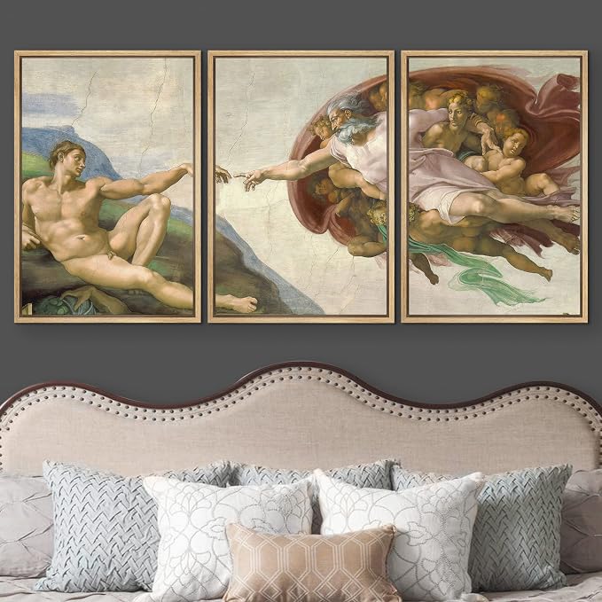 wall26 Framed Canvas Print Wall Art Set Creation of Adam by Michelangelo Cultural Historic Oil Painting Fine Art Reproduction Scenic Colorful for Living Room, Bedroom, Office - 24"x36"x3 Natural