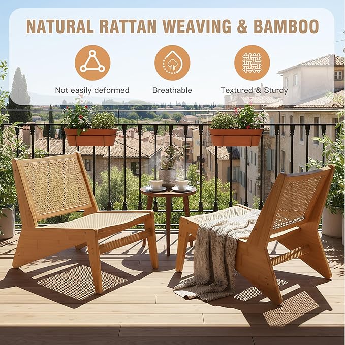 Welnow 2-Pcs Mid Century Rattan Accent Chair, Bamboo Wood Lounge Chair with Woven Cane Backrest, Low Armchair for Living Room, Bedroom, Balcony or Reading Corner, Natural