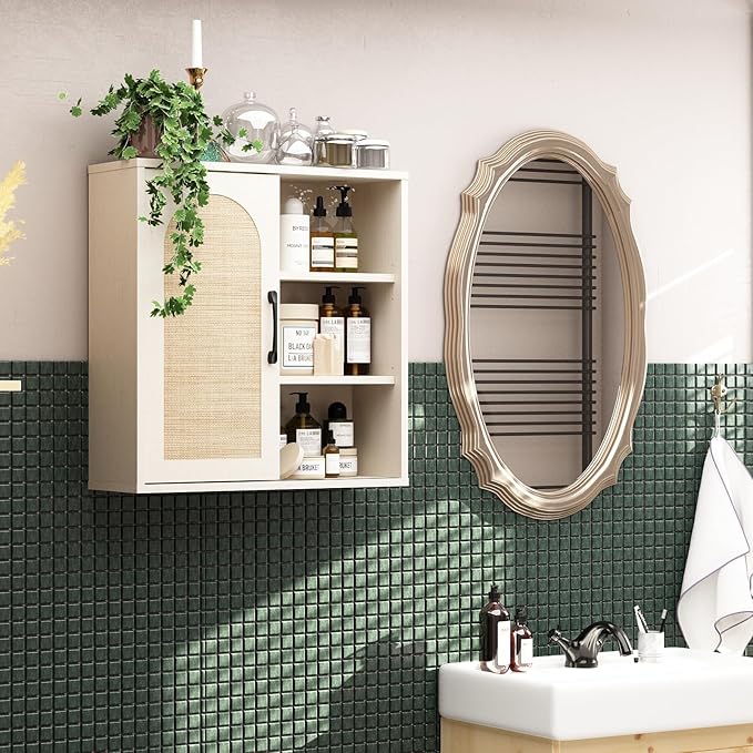 RUSTOWN Boho Rattan Wall Cabinet, Midcentury Bathroom Cabinet with Sliding Door, Adjustable Shelves, Over The Toilet Storage Cabinet (Vintage White)