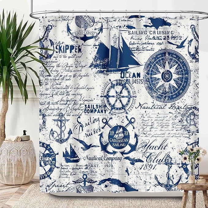 Nautical Map Shower Curtain,Lighthouse Sailboat Compass Anchor Coastal Shower Curtain for Bathroom Polyester Fabric Ocean Themed Bathroom Decor Set with Hooks,72x72Inch