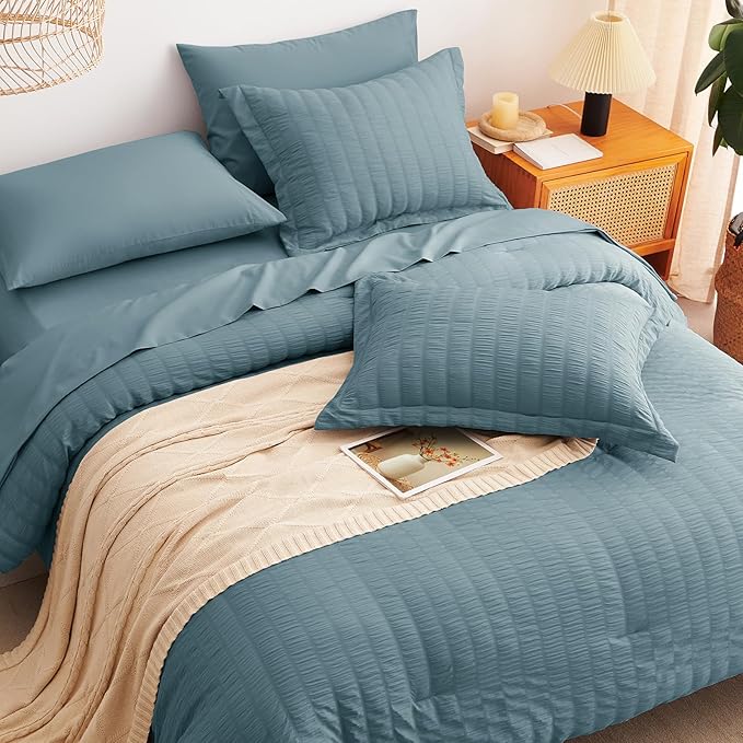 CozyLux Full Size Comforter Sets Mineral Blue, 7 Pieces Seersucker Textured Luxury Bed in a Bag, All Seasons Soft Bedding Sets with Down Alternative Comforter, Sheets, Pillowcases & Shams, Home Gift
