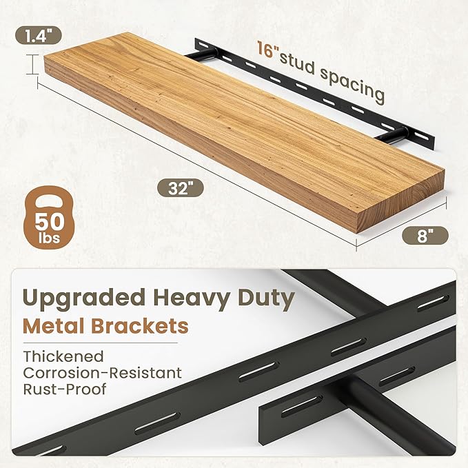 Fun Memories Solid Elm Wood Floating Shelves Set of 2-32 Inch Rustic Wall Shelves with Heavy-Duty Invisible Brackets - for Living Room, Kitchen, Bedroom, Bathroom - Natural Finish