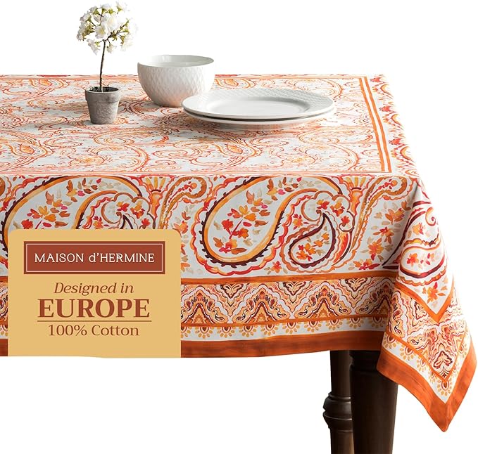 Maison d' Hermine Table Cloth Rectangle Table 100% Cotton 70 x 120 Inches Fall Tablecloth Reusable Everyday Use for Thanksgiving Christmas Decorations Dining Farmhouse Party (Palatial Paisley)