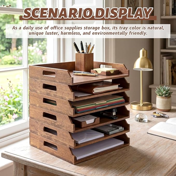 AceOrbit 6 Pcs Stackable Paper Tray Acacia Wood Desk Organizer Letter Tray 6 Tier Wooden File Organizer Desk Shelf for Documents, Letter Sorter, Envelopes and Magazine Holder