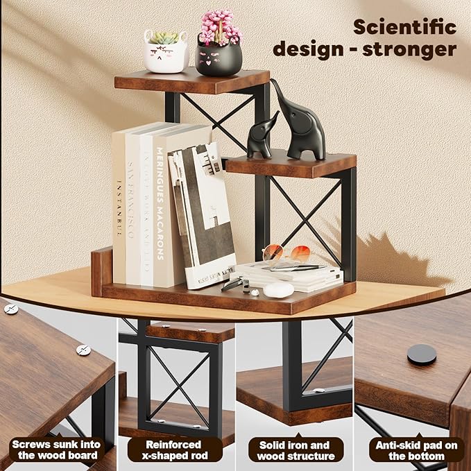 Abiglifty Desk Shelf Organizer, Wooden Desktop Organizers, 3 Tier Desk Hutch Small Bookshelf, Nightstand Organizer, Riser Display Stand for Office, Dorm, Home (Brown)