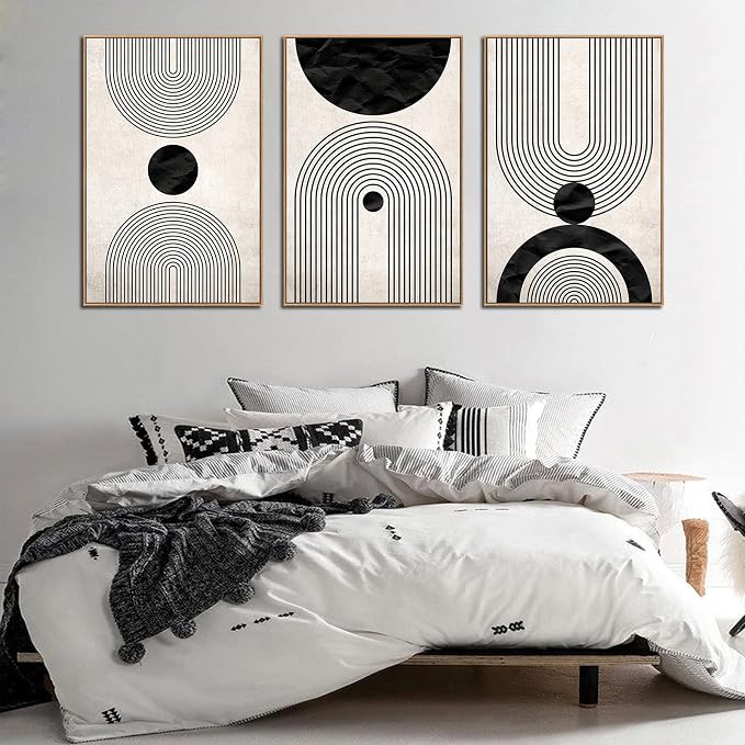 Framed Wall Art Canvas Set Mid Century Boho Pictures Modern Abstract Geometric Wall Decor Minimalist Black Beige Bohemian Canvas Painting Artwork for Living Room Bedroom Office 24"x36"x3 Natural