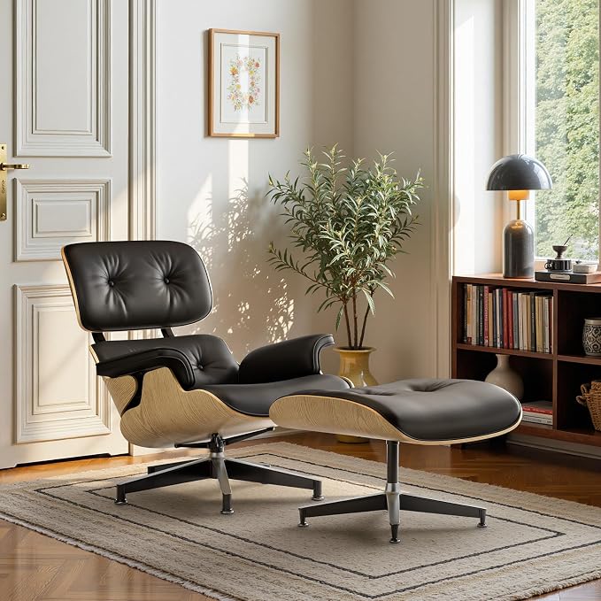 Top Black Grain Leather, Mid Century Chaise Lounge Chair and Ottoman, Modern Chair Classic Design, Ash Wood, Heavy Duty Base Support for Living Room Office
