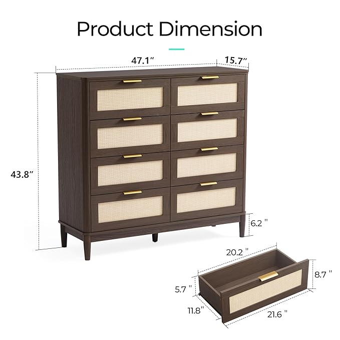 LINSY HOME Rattan Dresser with 8 Deep Drawers, 54" Wide Long Chest of Drawers, Mid Century Modern Tall Dresser, Large Wood Boho Storage Cabinet for Bedroom with Metal Handle and Durable Legs, Walnut
